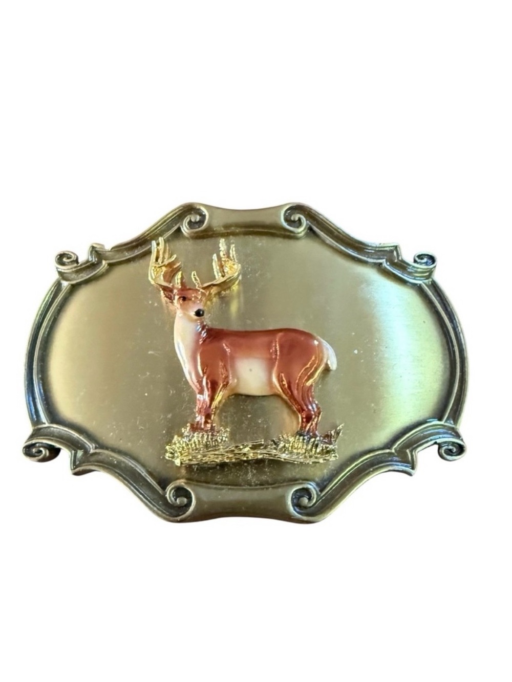 Vintage 1978 Whitetail Buck Deer Brass Belt Buckle Raintree Made in USA